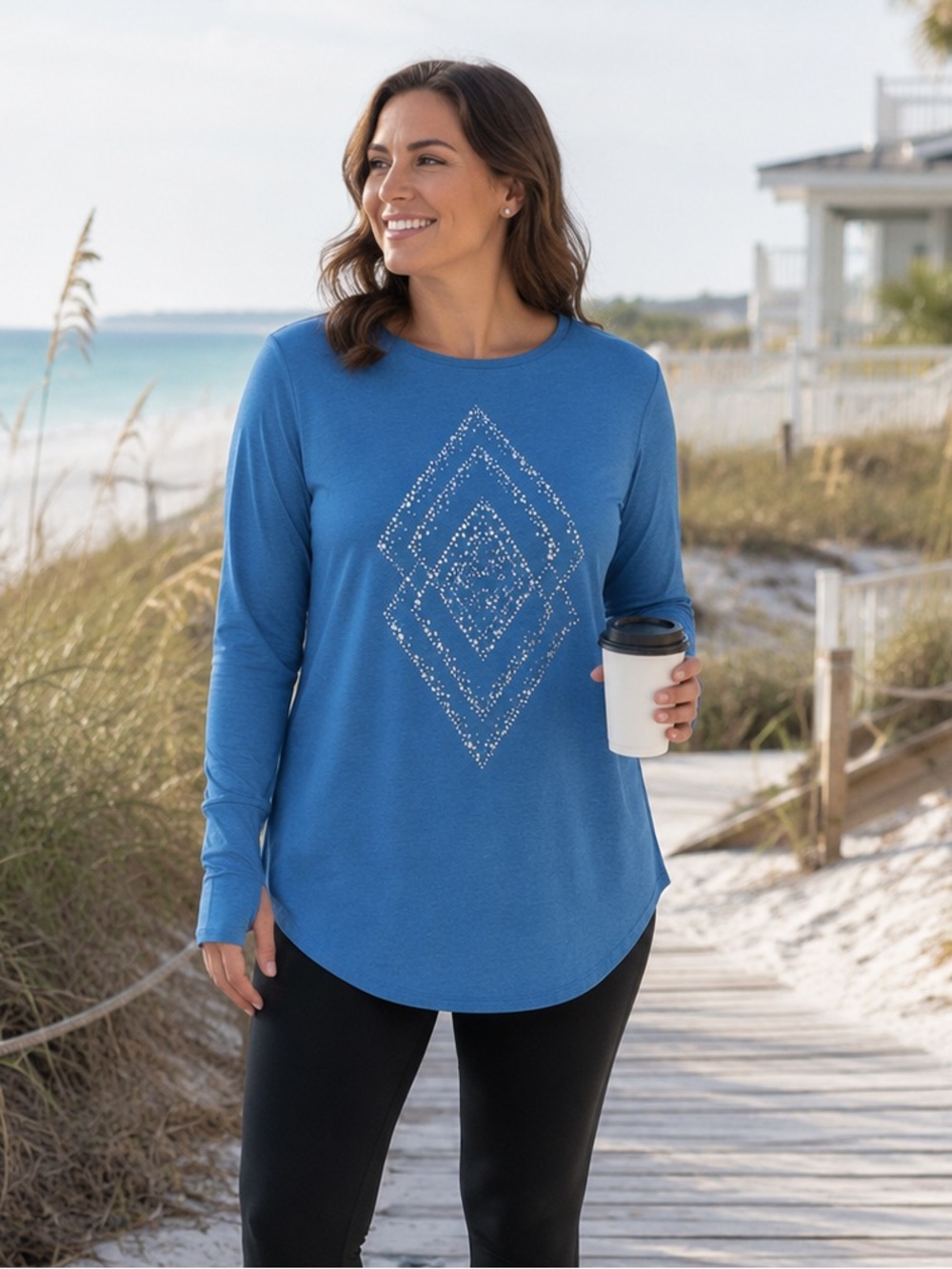 Torrid Active L/12 Vintage Geo Delft Blue Performance Cotton Tunic Top NWT 0